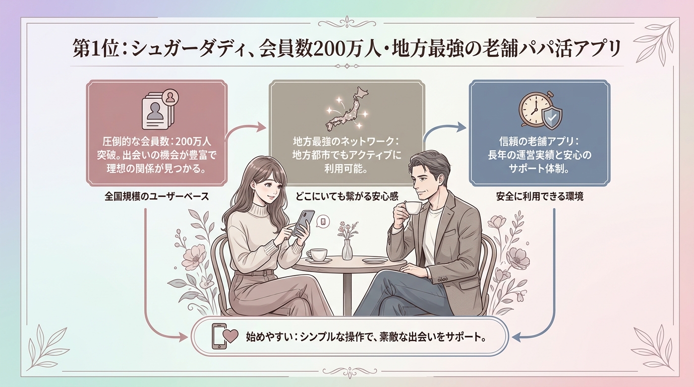 第1位：シュガーダディ、会員数200万人・地方最強の老舗パパ活アプリ