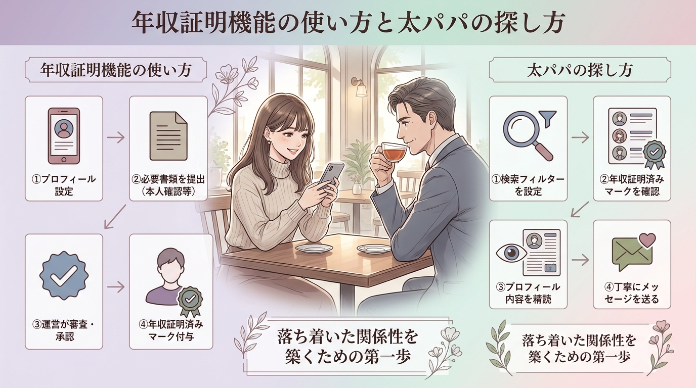 年収証明機能の使い方と太パパの探し方